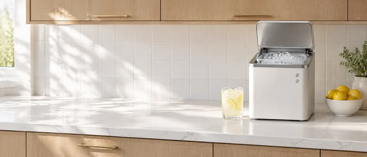 A white countertop ice maker with its lid open full of ice on a quartz kitchen counter