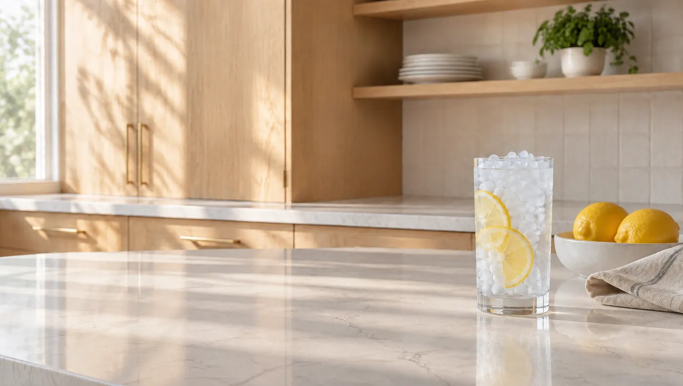 A glass of iced lemon water on a white quartz counter in a sunlit white oak kitchen