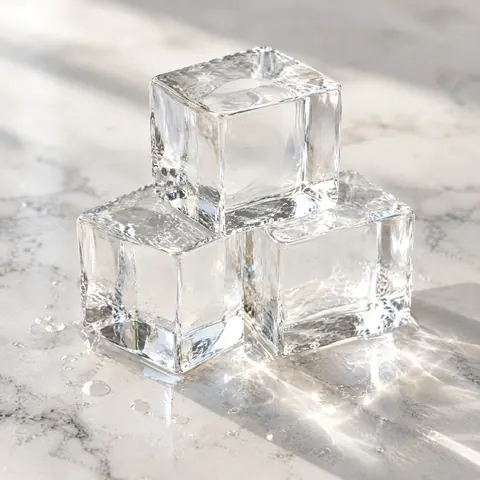 Clear ice cubes in sunlight