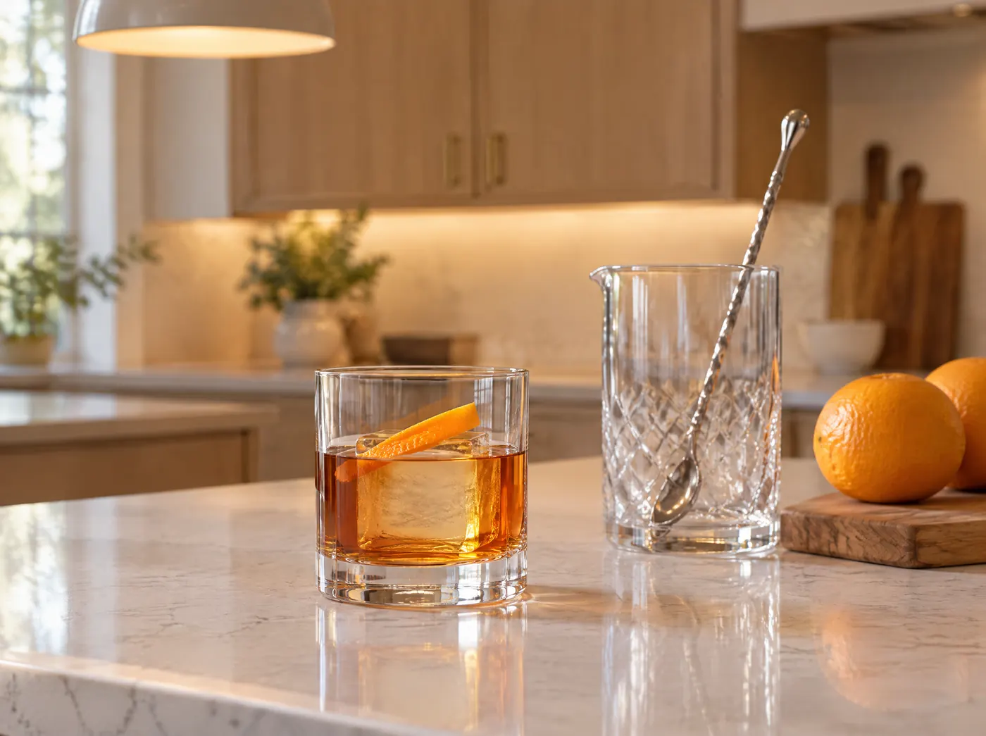 An Old Fashioned over one large clear ice cube on a kitchen island at golden hour
