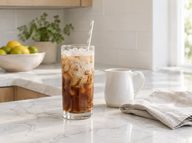 Iced coffee with milk in a tall glass on a white quartz kitchen counter