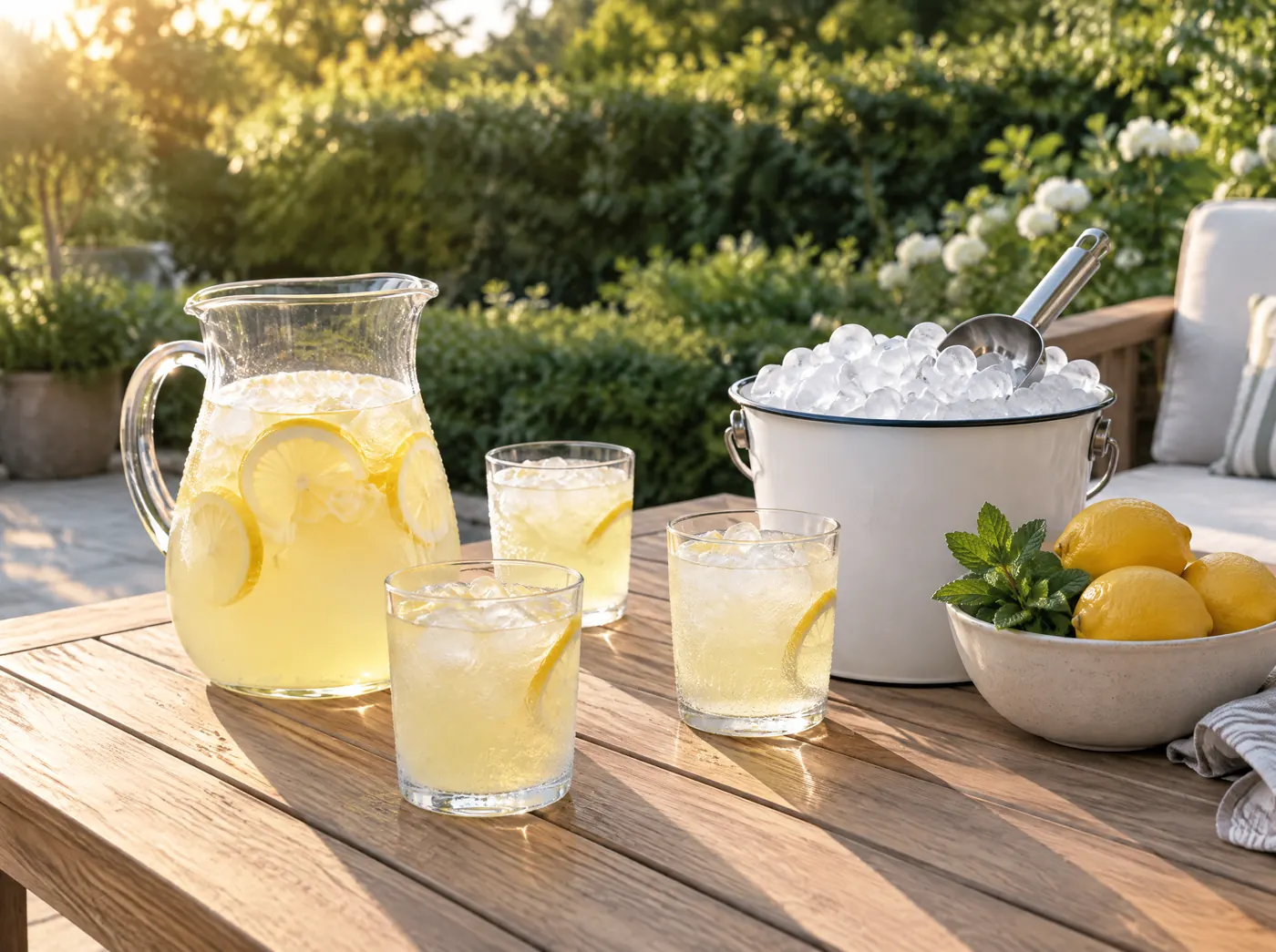 A pitcher of lemonade, glasses with ice and a full ice bucket on a sunny patio table